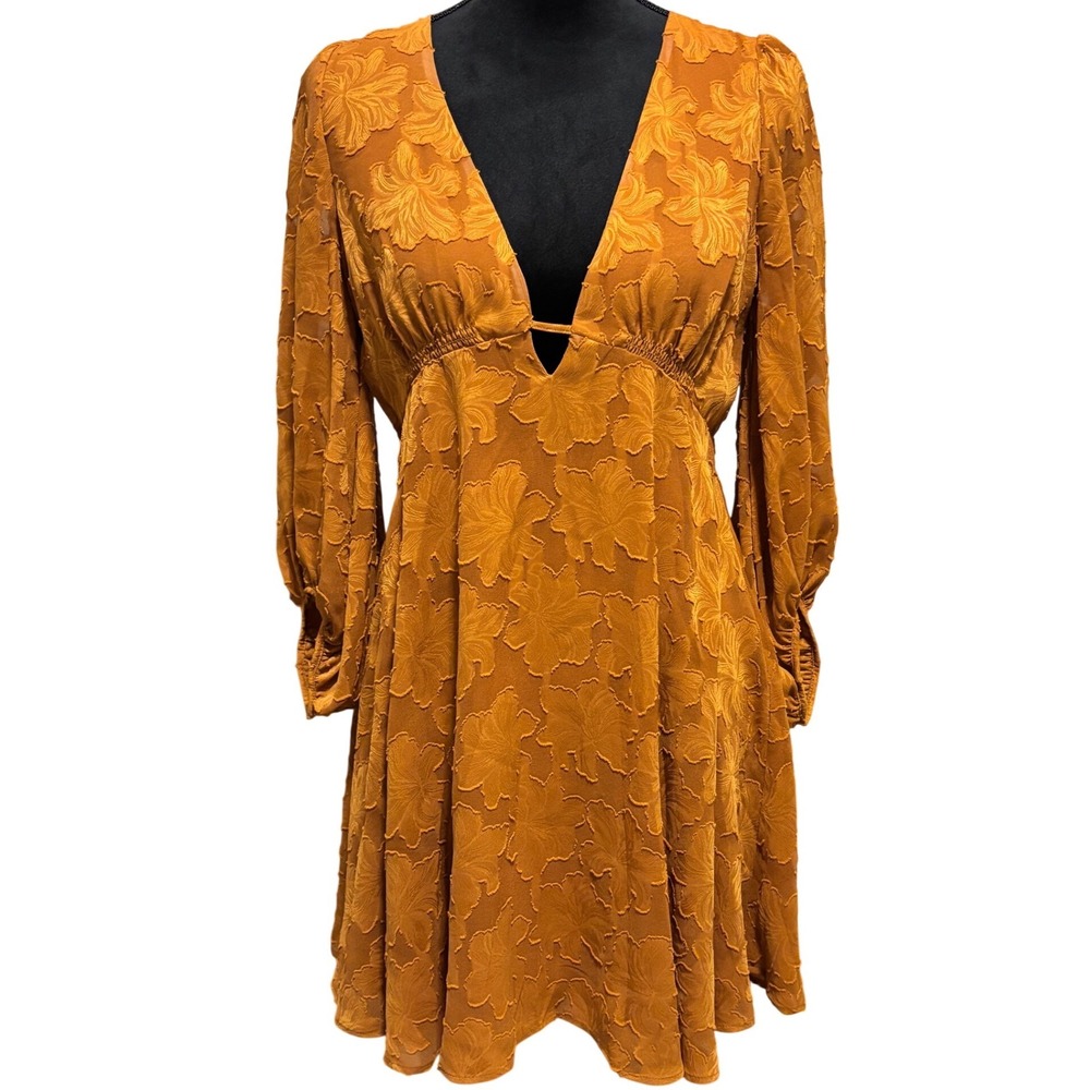 Anthropologie Mini Dress Womens 4 Dark Orange Gold Floral V-Neck Bishop Sleeve - Picture 2 of 8